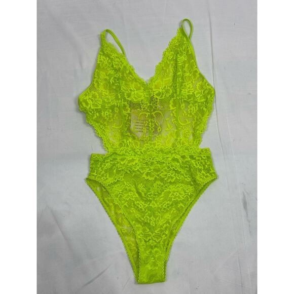 NWT Savage X Fenty Neon Green Floral Lace Teddie Lingerie Coquette Size Small - Picture 1 of 8